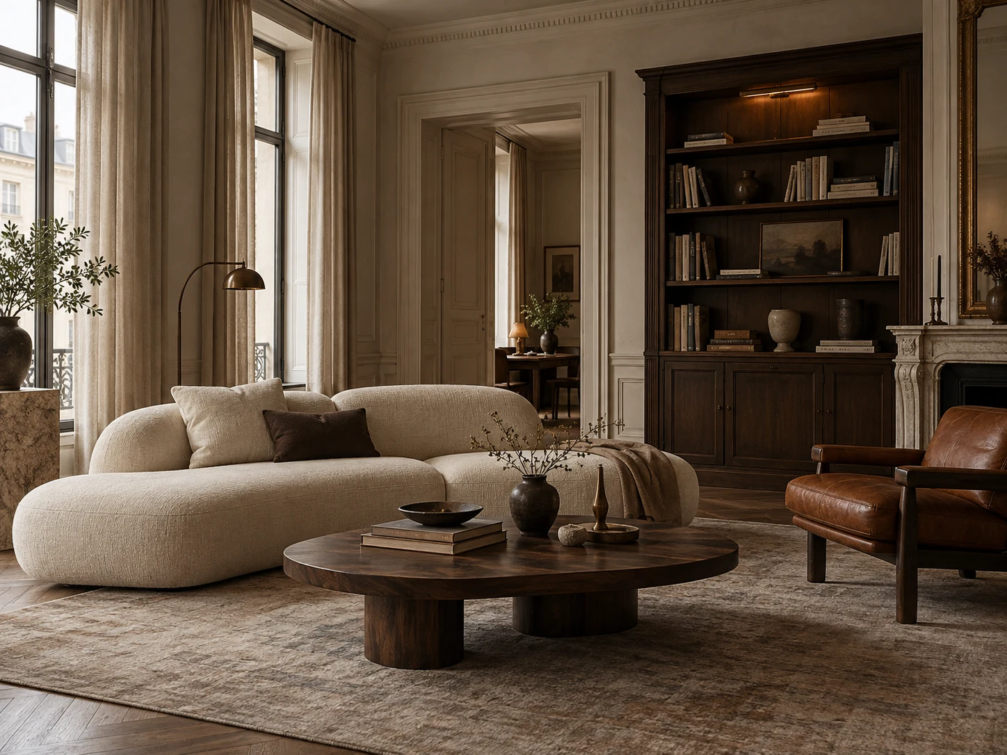 Quiet luxury living room with cream sofa and walnut table