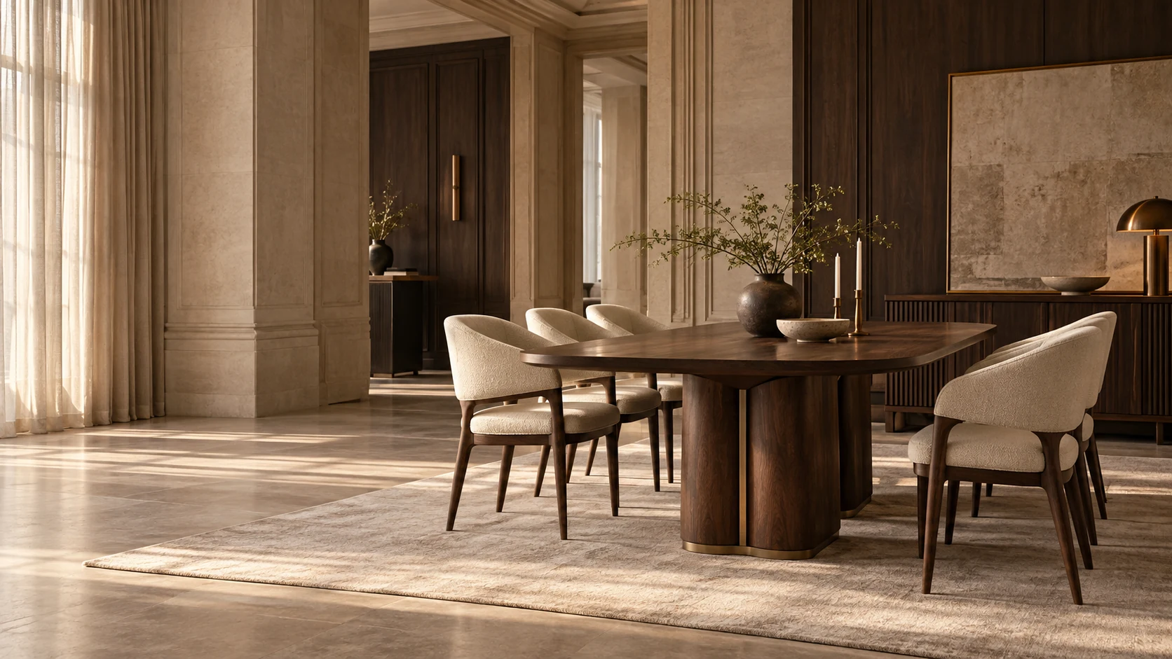 Walnut dining collection in a refined limestone interior