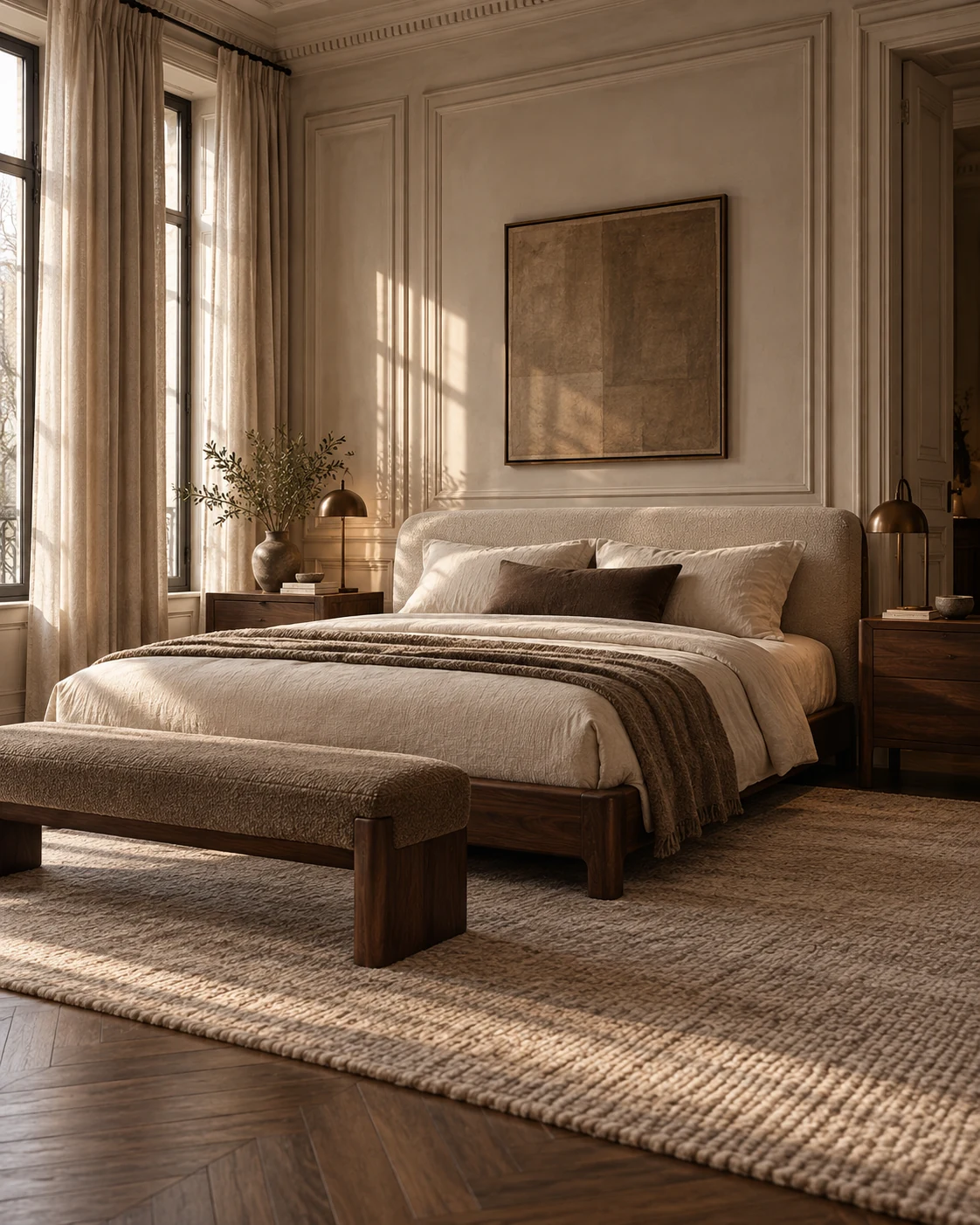Serene bedroom with upholstered timber bed